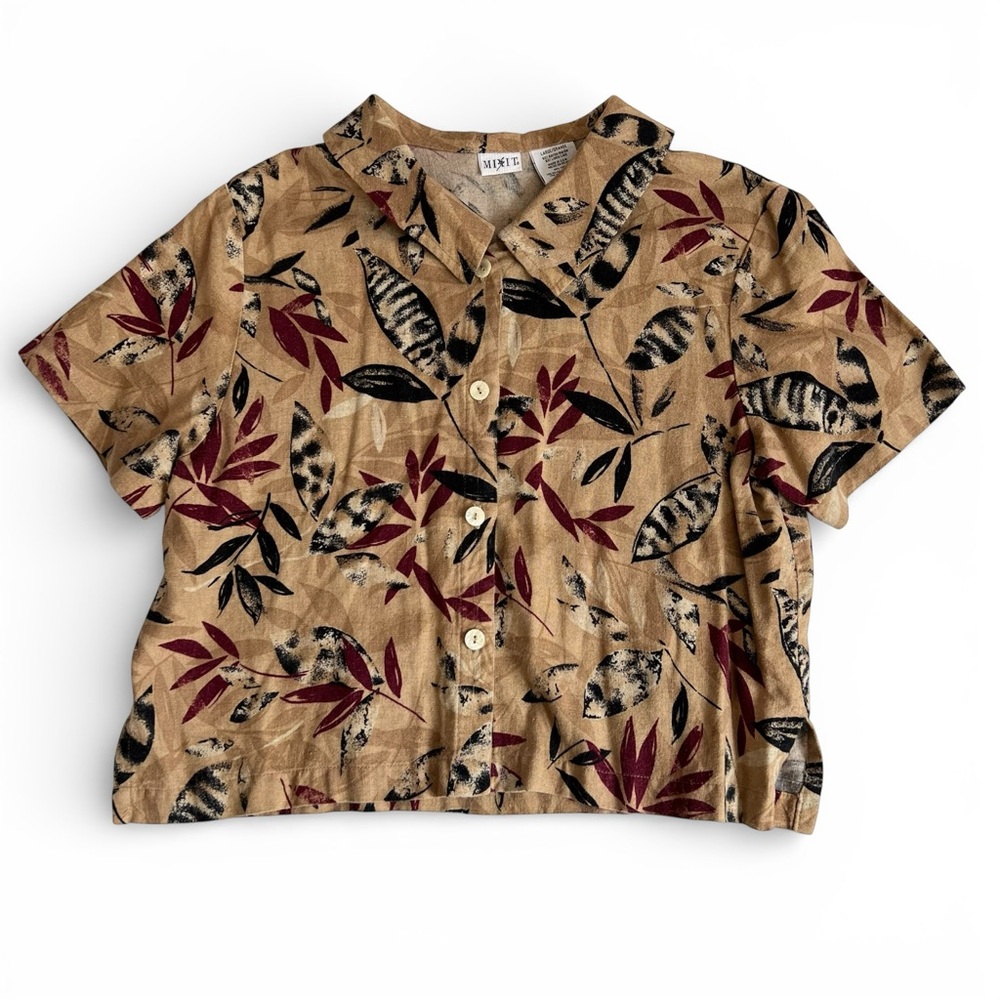 MIXIT Tan and Red Leaf Women’s Print Button-Up Shirt - L